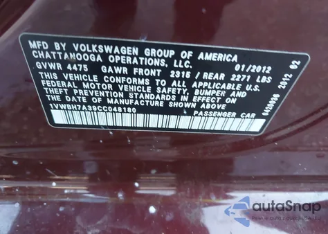 2012 Volkswagen Passat 2.5L Se z USA, uszkodzony, nr VIN 1VWBH7A39CC048180